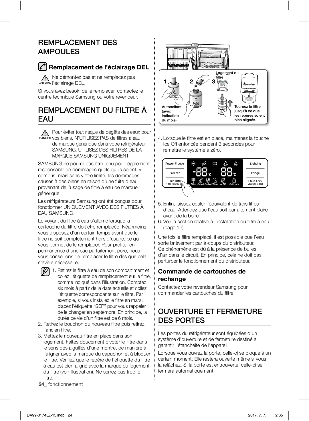 Samsung RS6178UGDSR/EF manual Remplacement DES Ampoules, Remplacement DU Filtre À EAU, Ouverture ET Fermeture DES Portes 