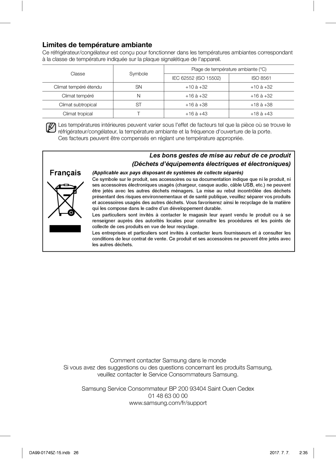 Samsung RS61782GDSL/EF, RS61782GDSL/EG, RS6A78UGDSR/EG, RS6A782GDSR/EG, RS6178UGDSR/EF manual Limites de température ambiante 