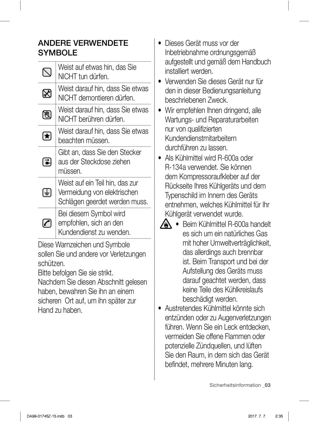 Samsung RS6A78UGDSR/EG, RS61782GDSL/EG manual Andere Verwendete Symbole, Weist auf etwas hin, das Sie Nicht tun dürfen 