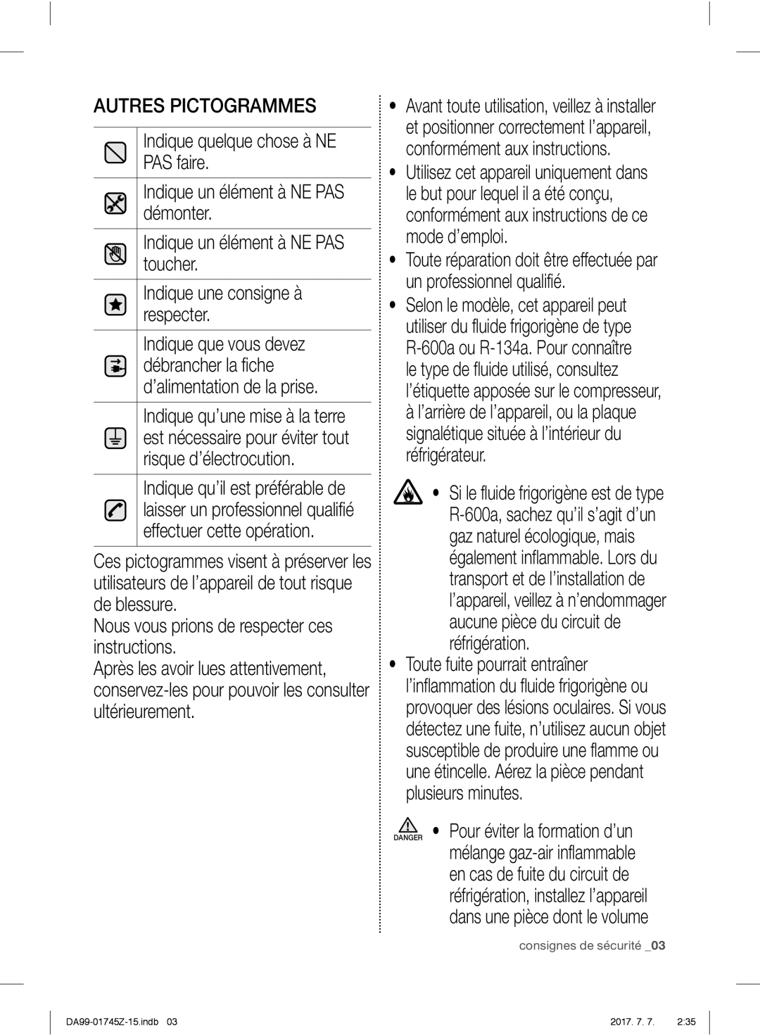 Samsung RS6178UGDSR/EF, RS61782GDSL/EG, RS6A78UGDSR/EG Autres Pictogrammes, Nous vous prions de respecter ces instructions 