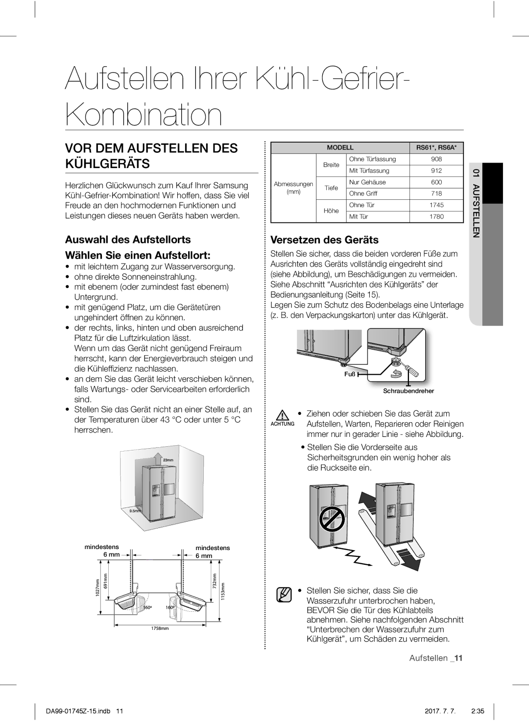 Samsung RS6A782GDSR/EG manual VOR DEM Aufstellen DES Kühlgeräts, Auswahl des Aufstellorts Wählen Sie einen Aufstellort 