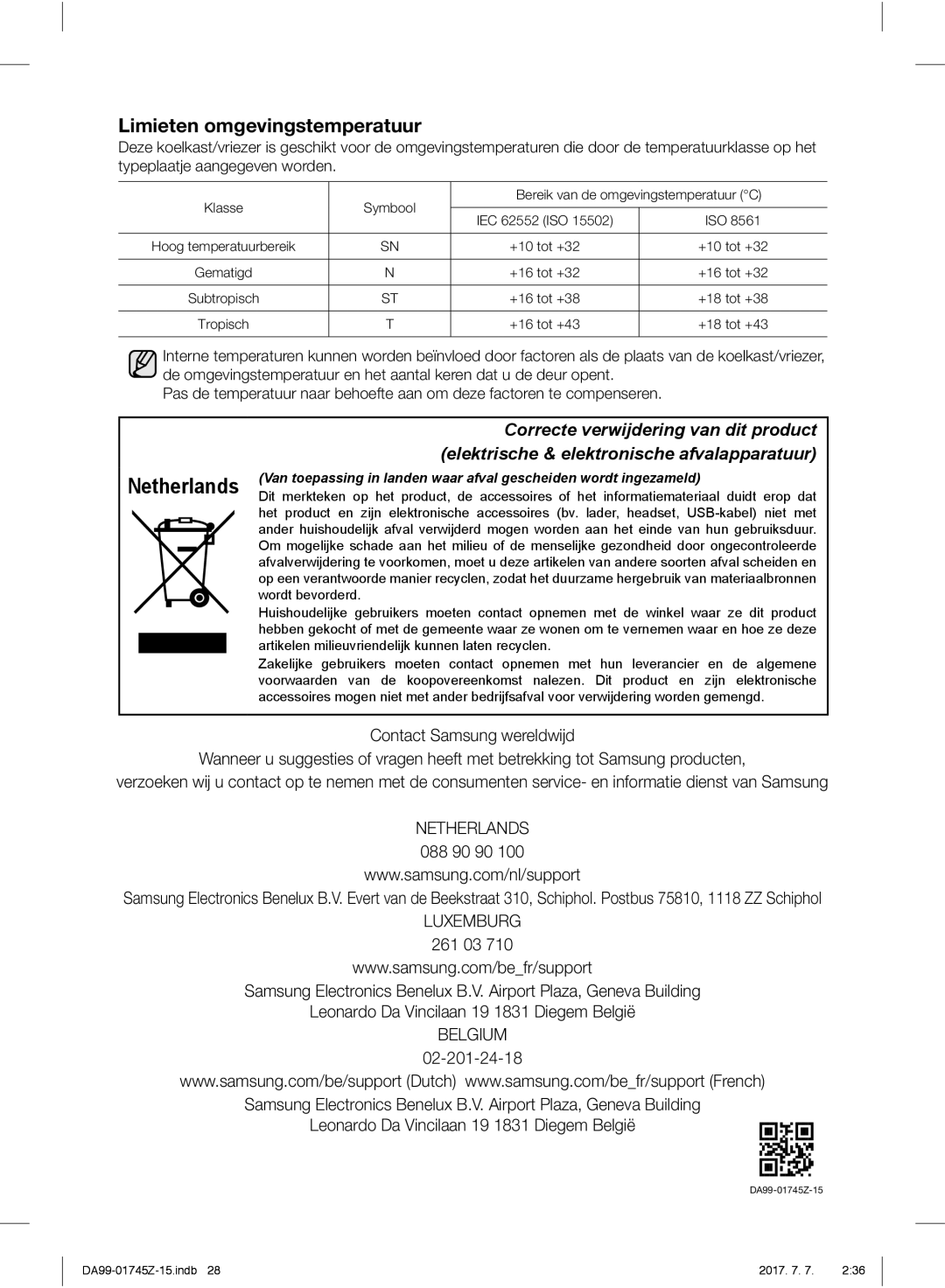 Samsung RS6178UGDSR/EF, RS61782GDSL/EG, RS6A78UGDSR/EG, RS6A782GDSR/EG manual Netherlands, Limieten omgevingstemperatuur 