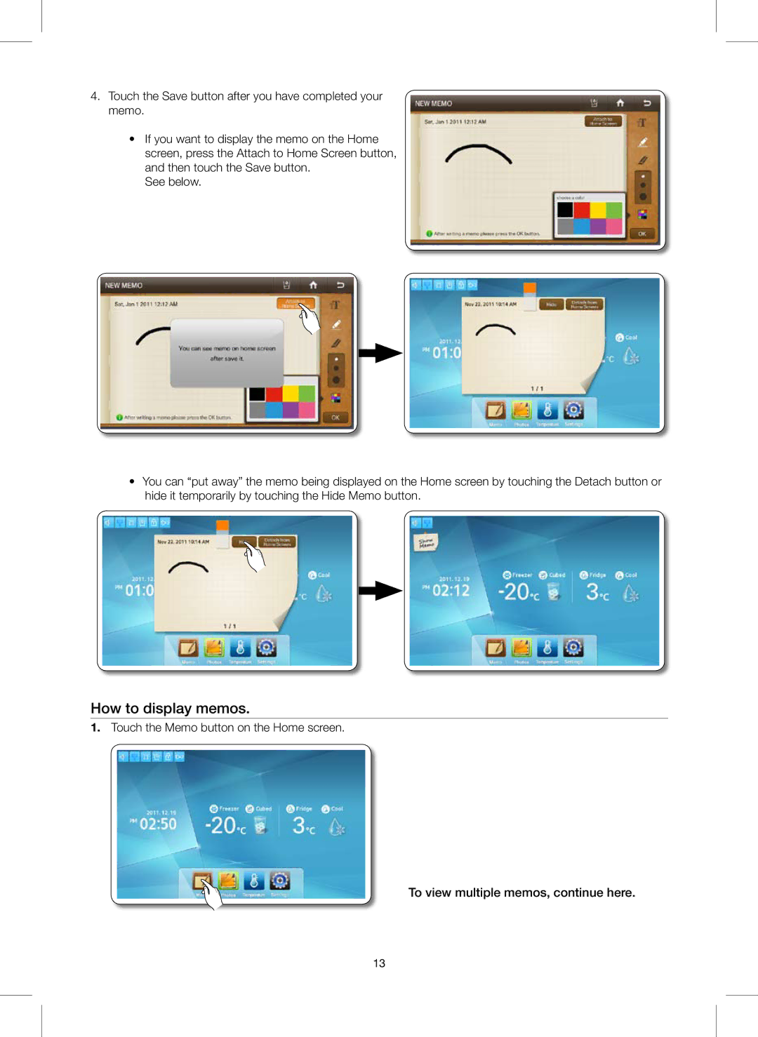 Samsung RS757LHQESR/ML, RS627LHQESR/ML manual How to display memos, To view multiple memos, continue here 