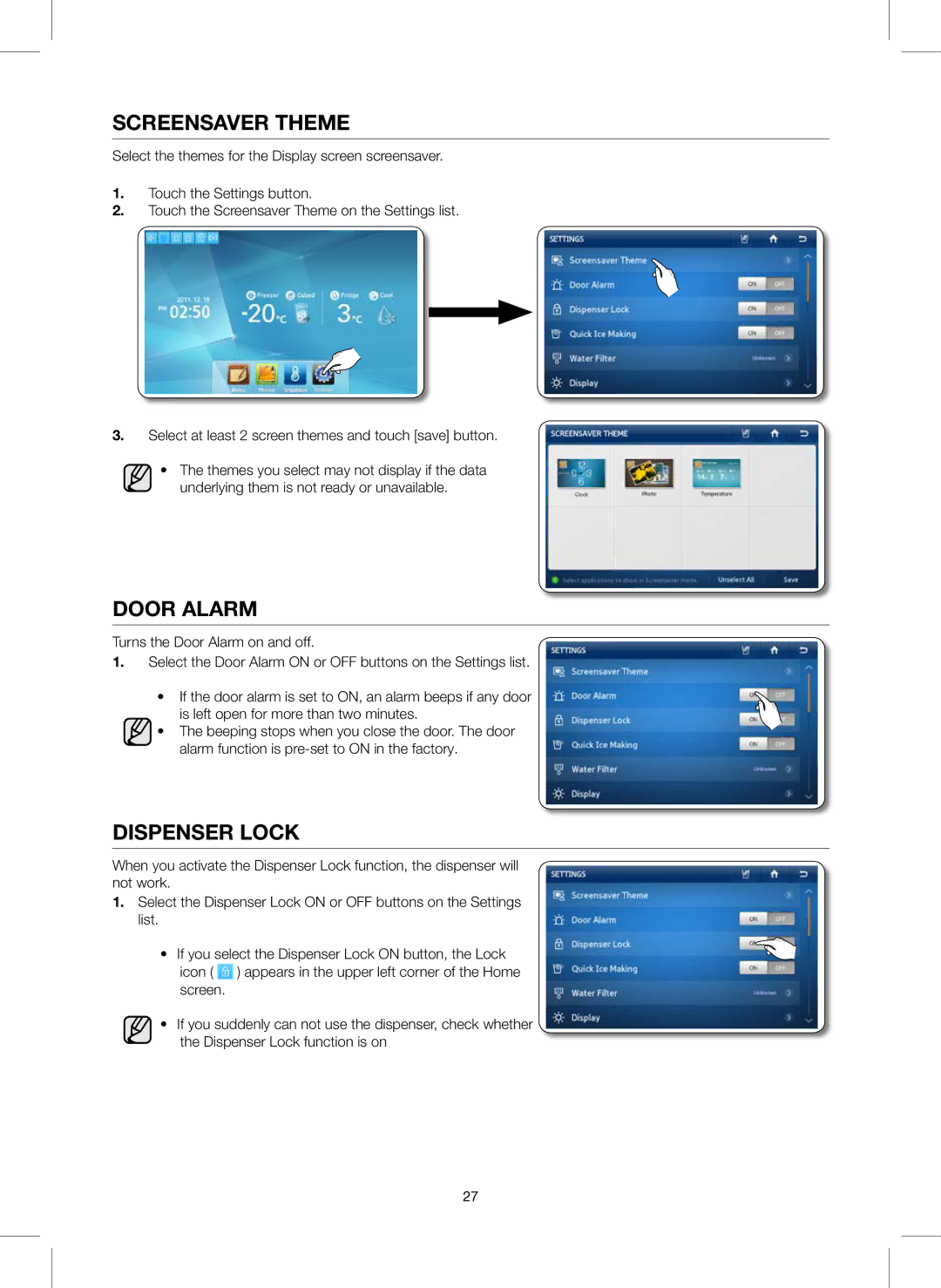 Samsung RS757LHQESR/ML, RS627LHQESR/ML manual Screensaver Theme, Dispenser Lock 