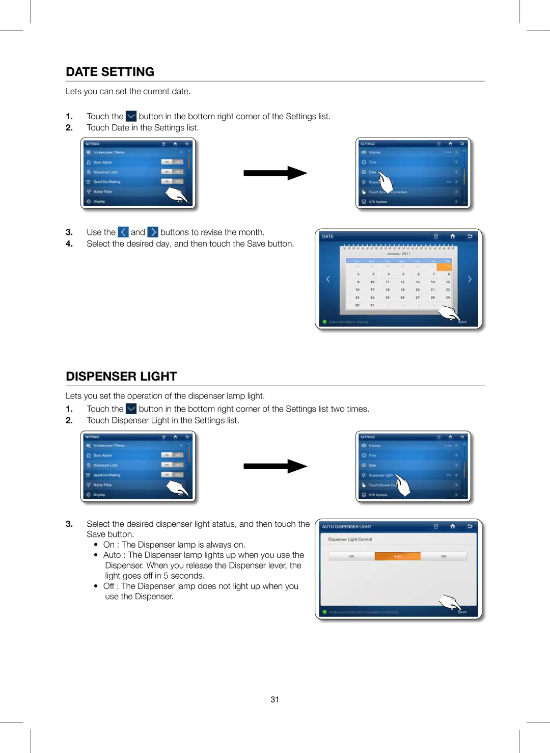 Samsung RS757LHQESR/ML, RS627LHQESR/ML manual Date Setting, Dispenser Light 