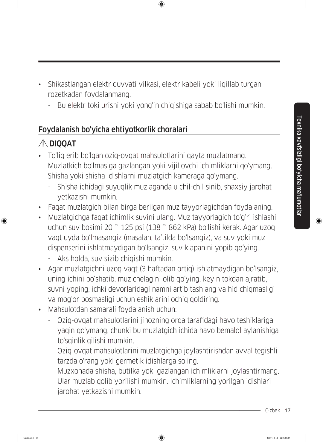 Samsung RS62K6130FG/WT, RS62K6130S8/WT manual Foydalanish boyicha ehtiyotkorlik choralari 