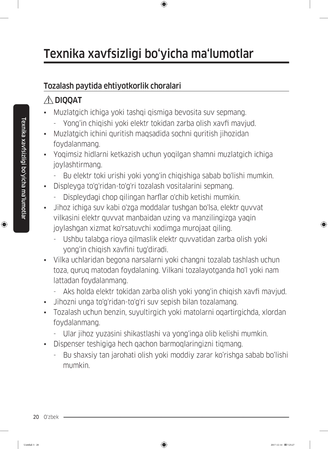 Samsung RS62K6130S8/WT, RS62K6130FG/WT manual Tozalash paytida ehtiyotkorlik choralari 