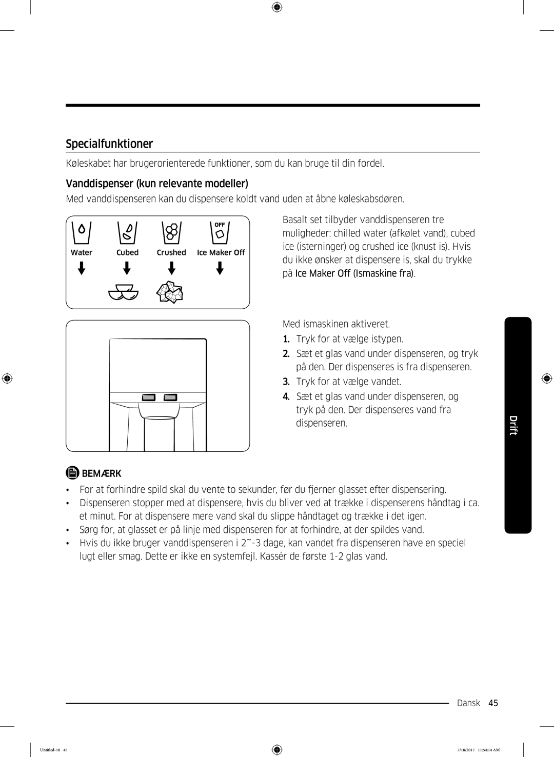 Samsung RS58K6697SL/EE, RS62K6197SL/EE manual Specialfunktioner, Vanddispenser kun relevante modeller 