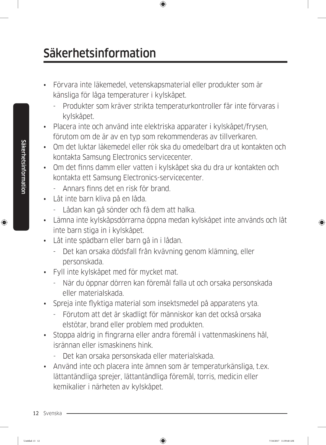 Samsung RS62K6197SL/EE, RS58K6697SL/EE manual Säkerhetsinformation 