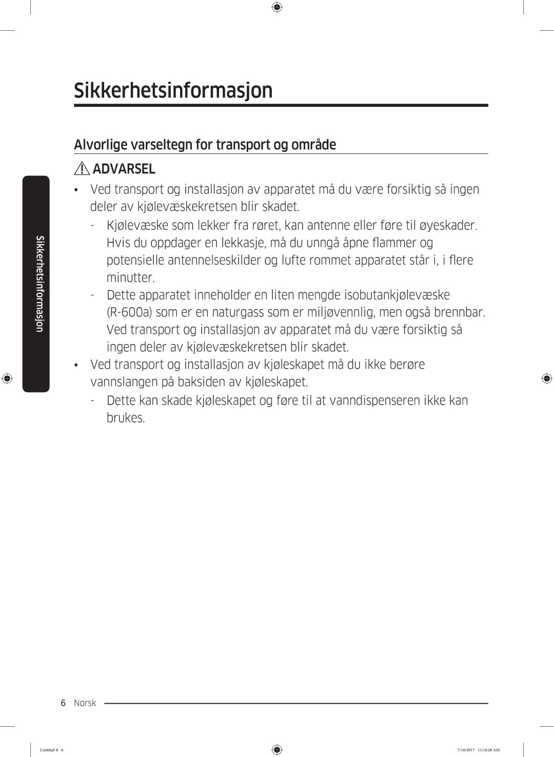 Samsung RS62K6197SL/EE, RS58K6697SL/EE manual Alvorlige varseltegn for transport og område 