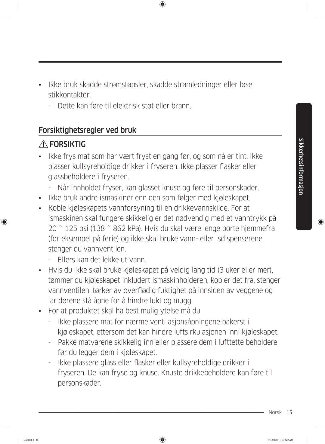 Samsung RS58K6697SL/EE, RS62K6197SL/EE manual Forsiktighetsregler ved bruk 