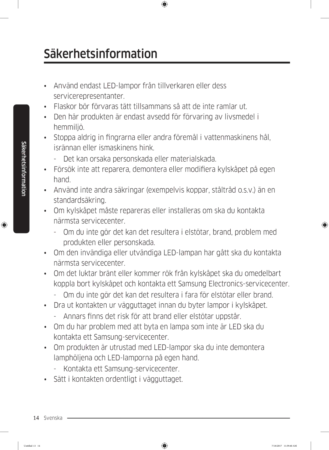 Samsung RS62K6197SL/EE, RS58K6697SL/EE manual Säkerhetsinformation 