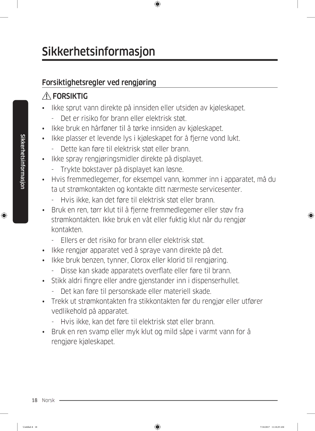 Samsung RS62K6197SL/EE, RS58K6697SL/EE manual Forsiktighetsregler ved rengjøring 