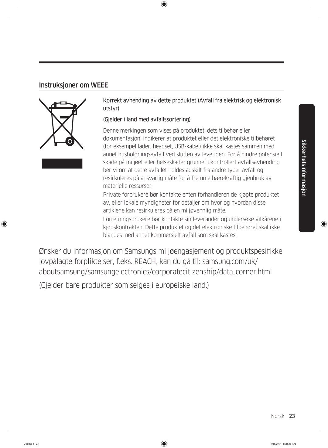 Samsung RS58K6697SL/EE, RS62K6197SL/EE manual Instruksjoner om Weee 