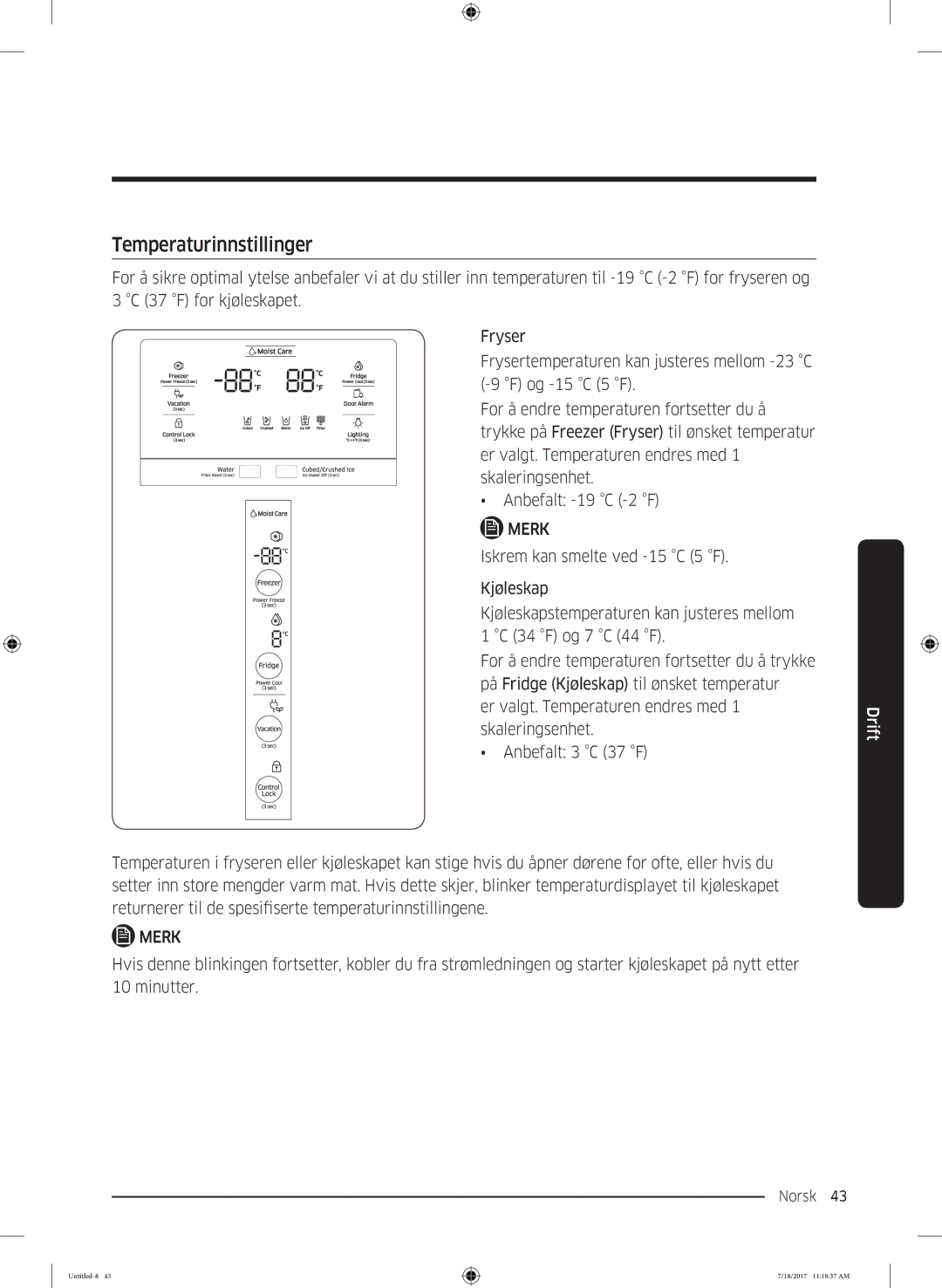 Samsung RS58K6697SL/EE, RS62K6197SL/EE manual Temperaturinnstillinger 