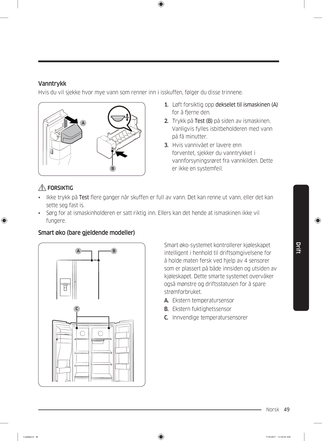 Samsung RS58K6697SL/EE, RS62K6197SL/EE manual Vanntrykk, Smart øko bare gjeldende modeller 