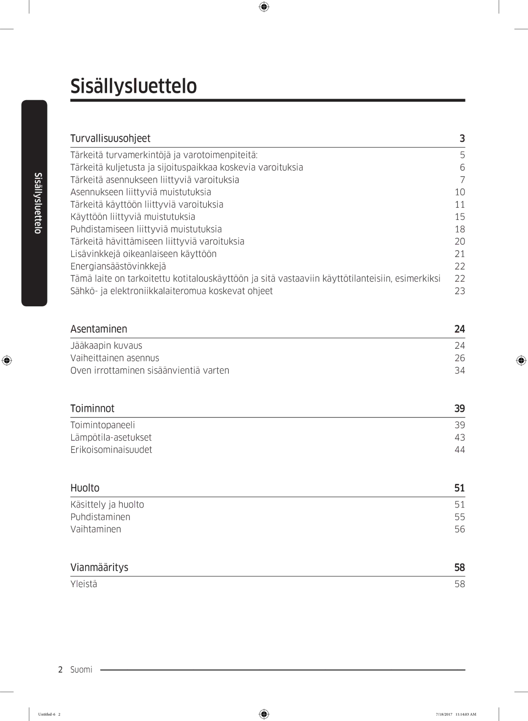 Samsung RS62K6197SL/EE, RS58K6697SL/EE manual Sisällysluettelo 