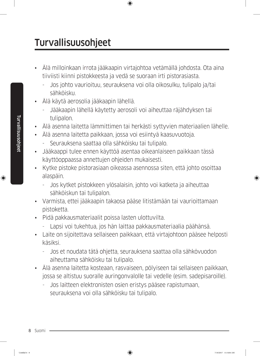 Samsung RS62K6197SL/EE, RS58K6697SL/EE manual Turvallisuusohjeet 