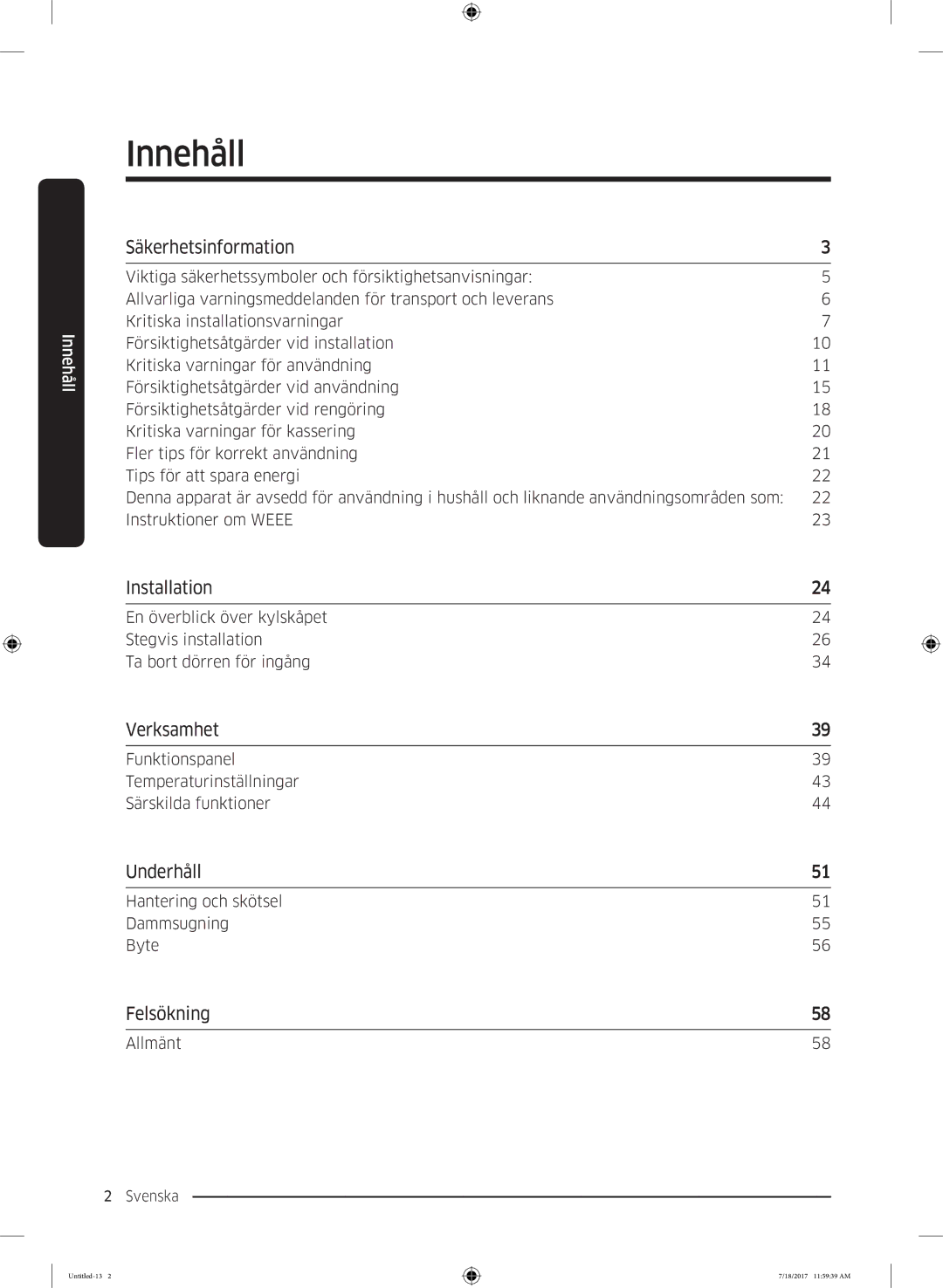 Samsung RS62K6197SL/EE, RS58K6697SL/EE manual Innehåll 