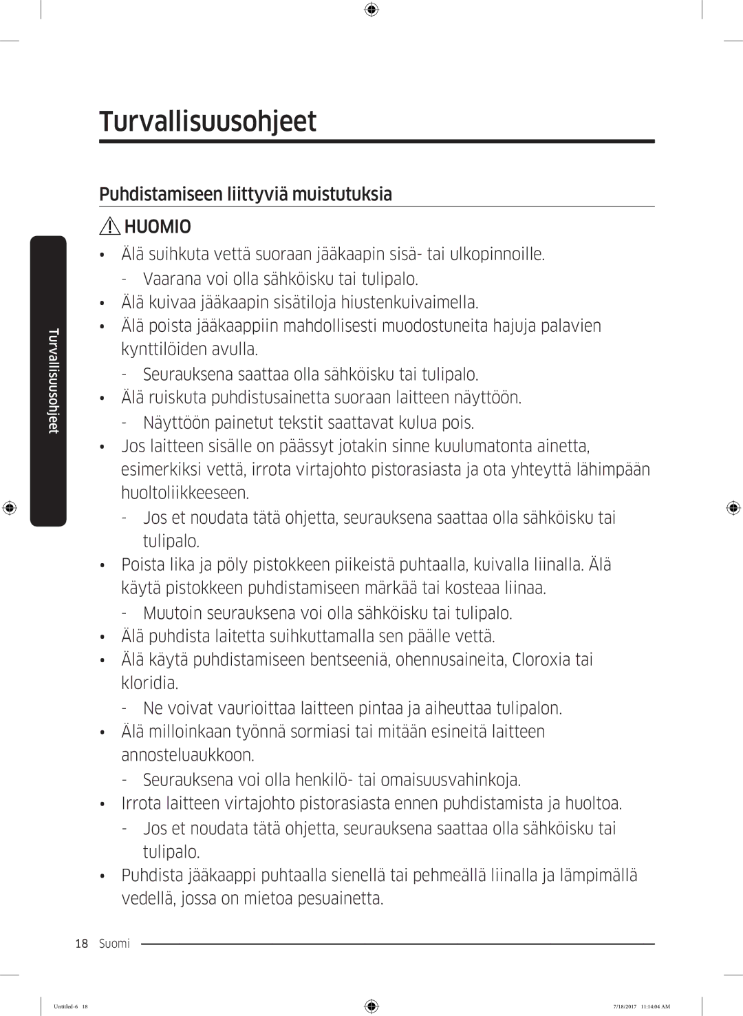 Samsung RS62K6197SL/EE, RS58K6697SL/EE manual Puhdistamiseen liittyviä muistutuksia 