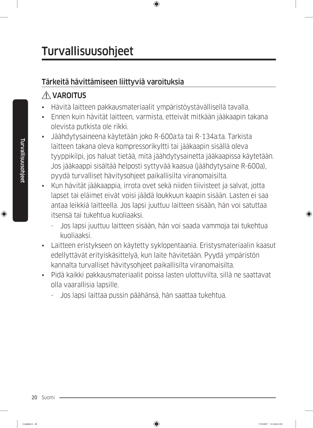 Samsung RS62K6197SL/EE, RS58K6697SL/EE manual Tärkeitä hävittämiseen liittyviä varoituksia 