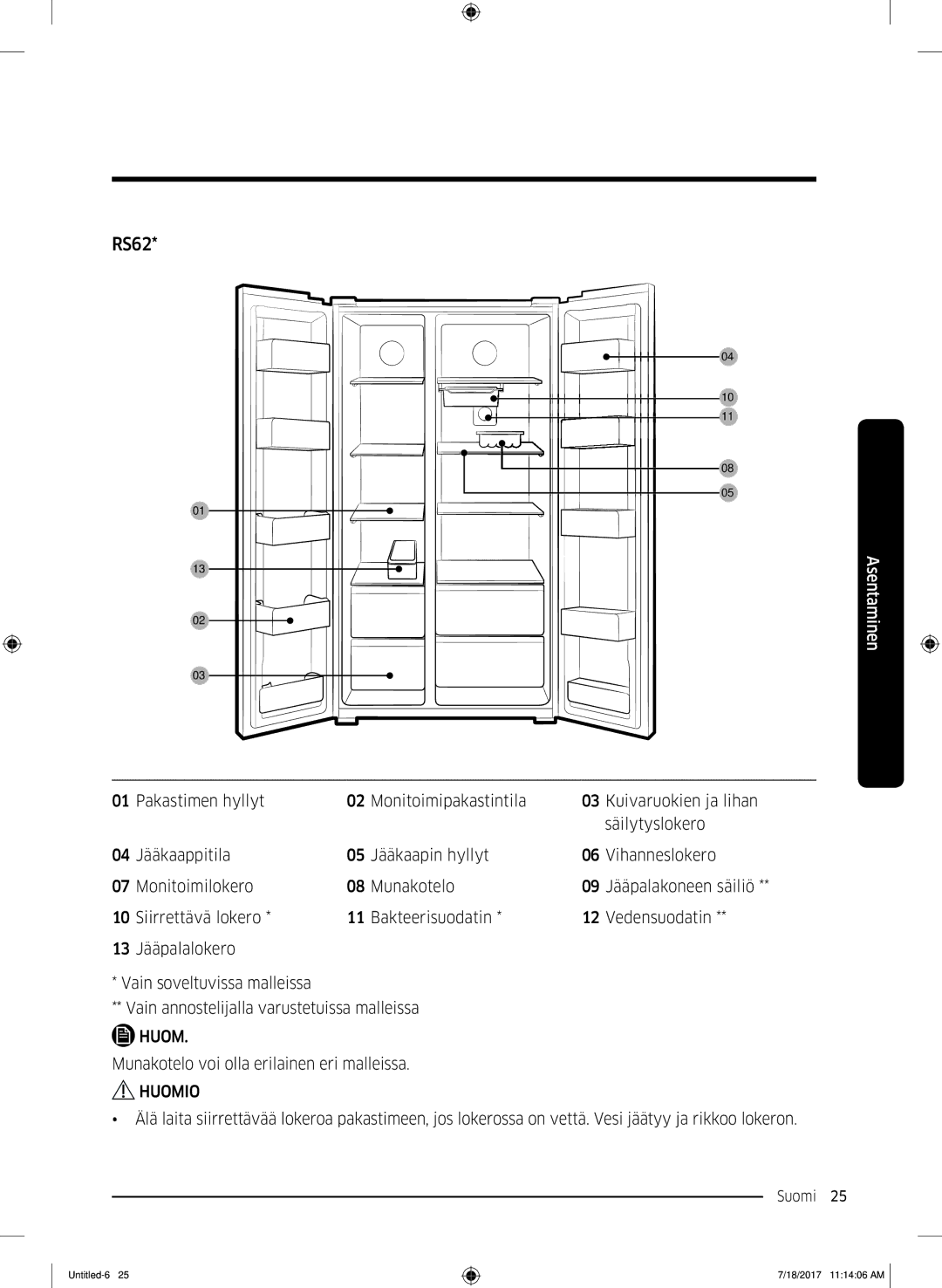 Samsung RS58K6697SL/EE, RS62K6197SL/EE manual Huom 