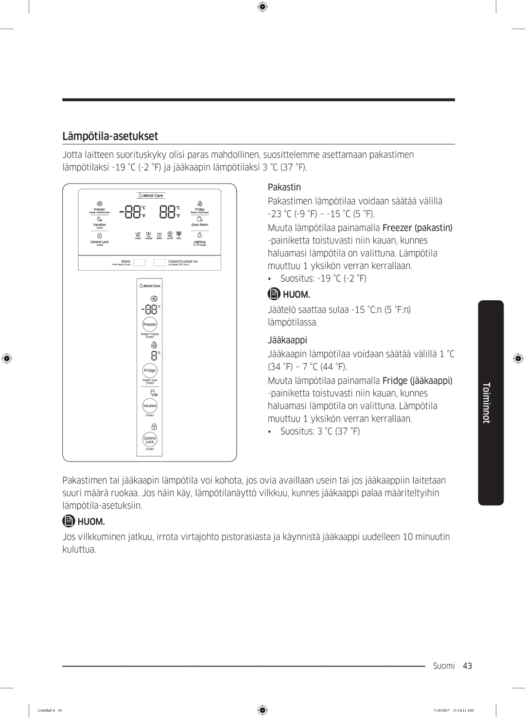 Samsung RS58K6697SL/EE, RS62K6197SL/EE manual Lämpötila-asetukset 