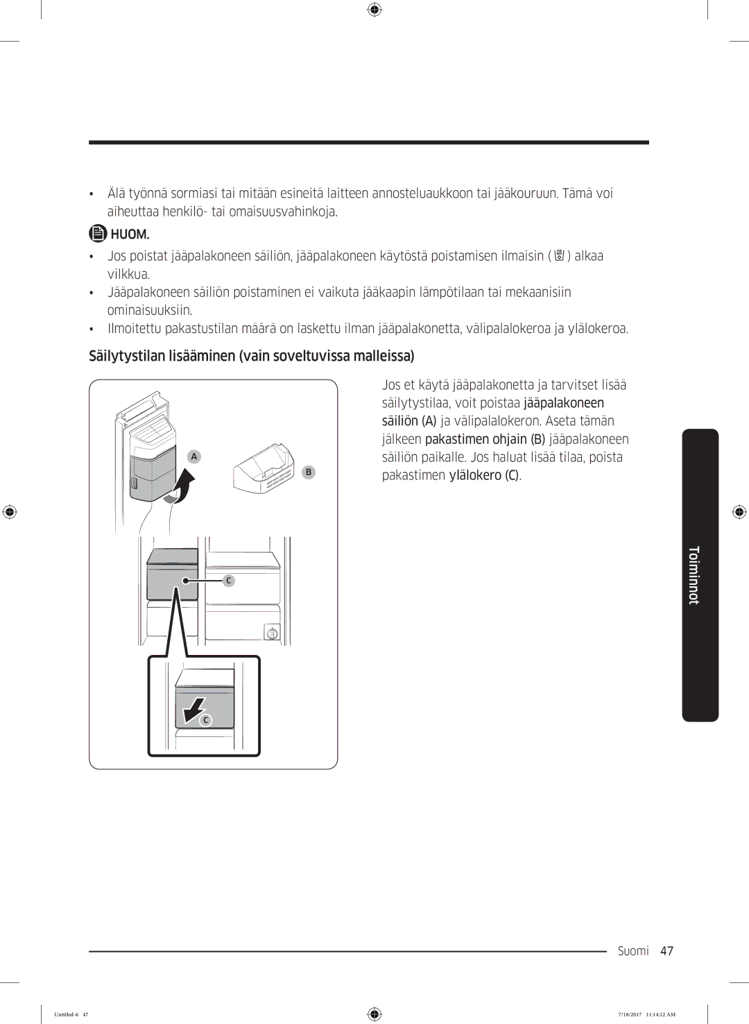 Samsung RS58K6697SL/EE, RS62K6197SL/EE manual Säilytystilan lisääminen vain soveltuvissa malleissa 