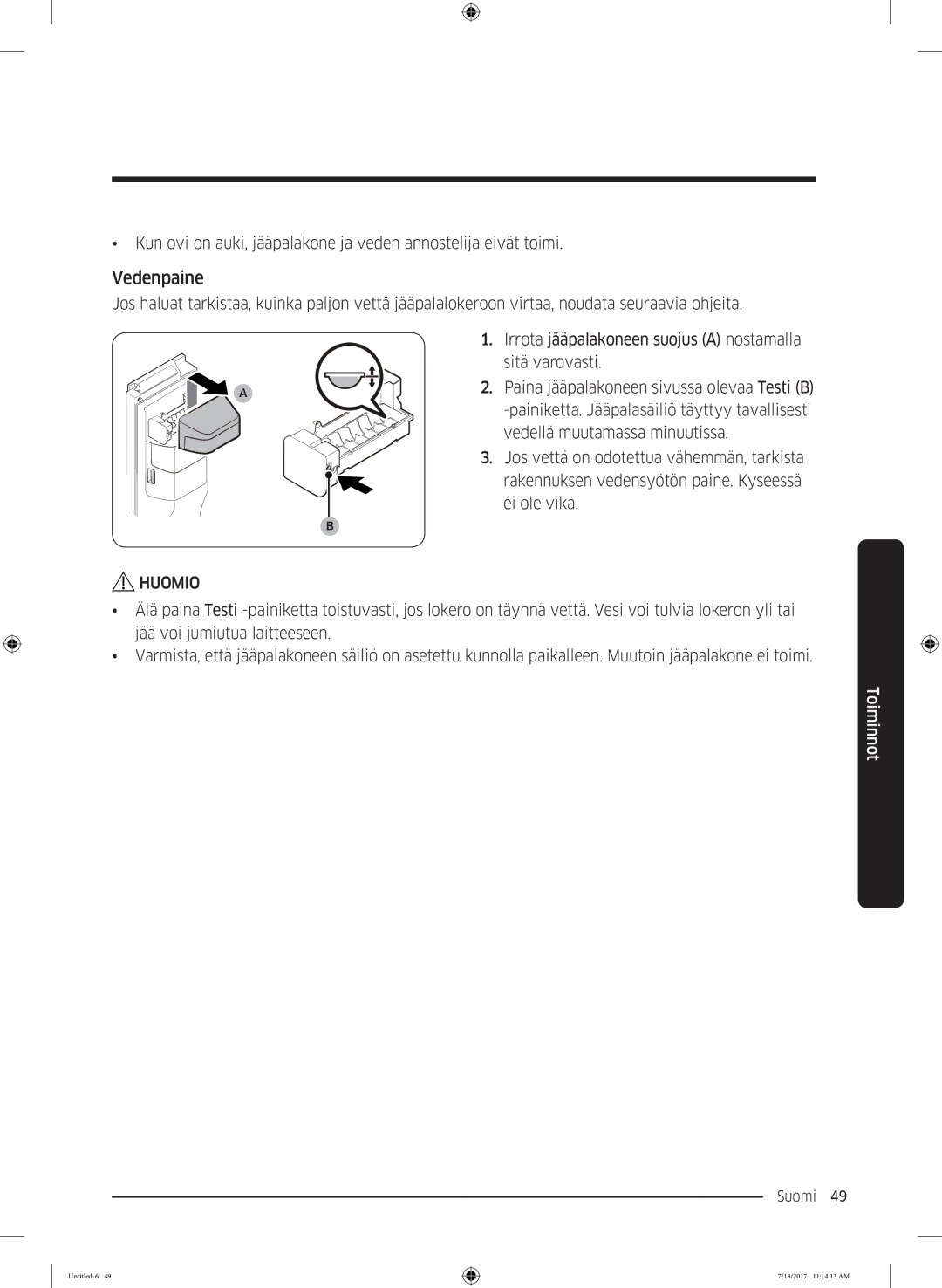 Samsung RS58K6697SL/EE, RS62K6197SL/EE manual Vedenpaine 