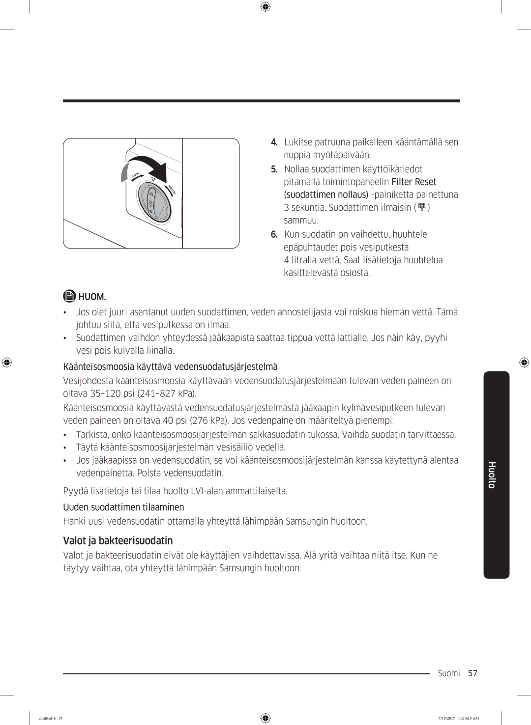 Samsung RS58K6697SL/EE, RS62K6197SL/EE manual Valot ja bakteerisuodatin 