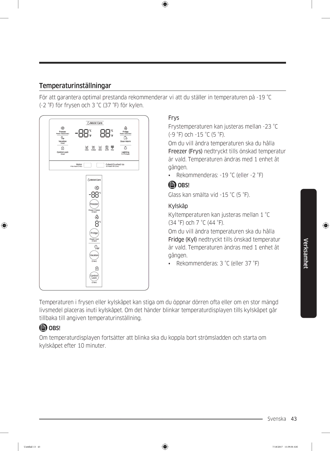 Samsung RS58K6697SL/EE, RS62K6197SL/EE manual Temperaturinställningar 