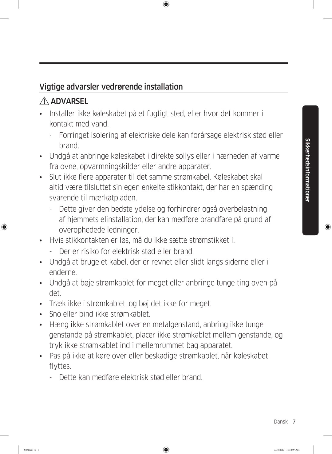 Samsung RS58K6697SL/EE, RS62K6197SL/EE manual Vigtige advarsler vedrørende installation 