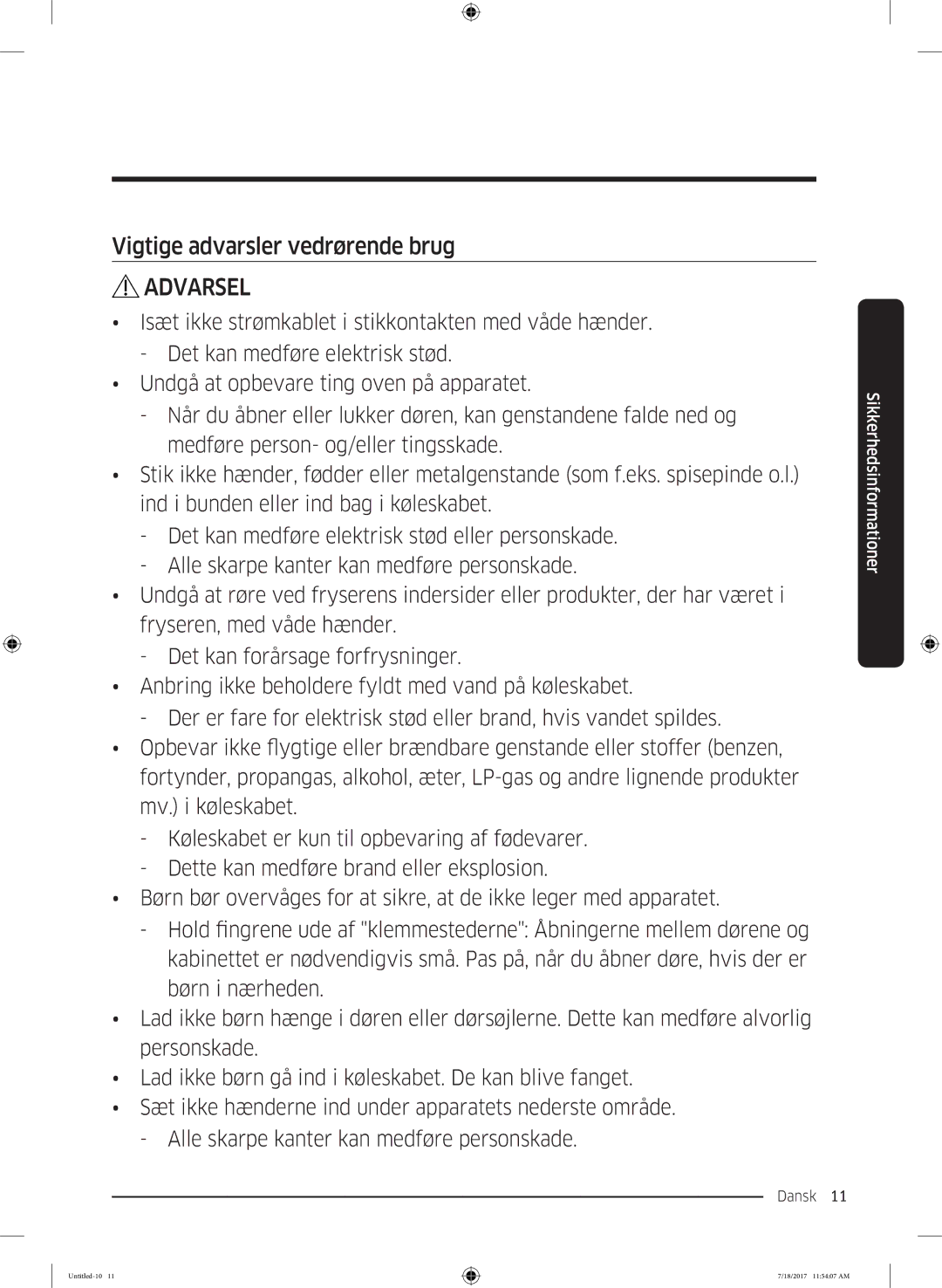 Samsung RS58K6697SL/EE, RS62K6197SL/EE manual Vigtige advarsler vedrørende brug 