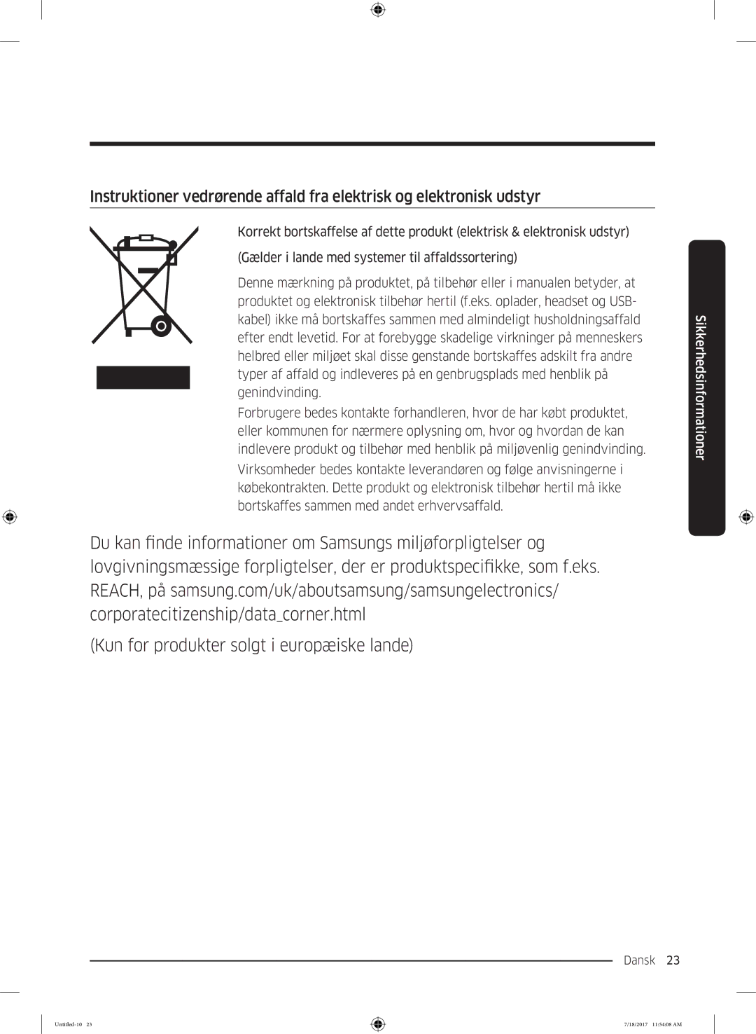 Samsung RS58K6697SL/EE, RS62K6197SL/EE manual Kun for produkter solgt i europæiske lande 