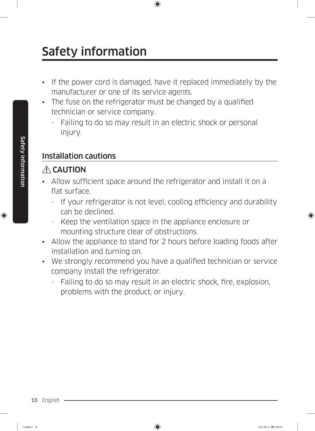 Samsung RS62K6227SL/ZA manual Installation cautions 