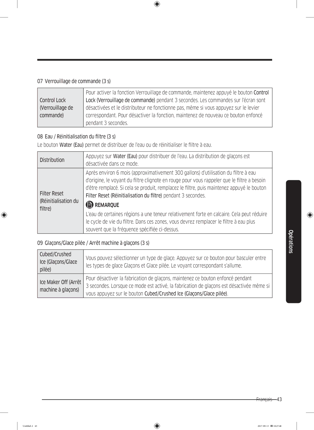 Samsung RS62K6227SL/ZA manual Verrouillage de commande 3 s, Désactivée dans ce mode, Filter Reset, Pilée 