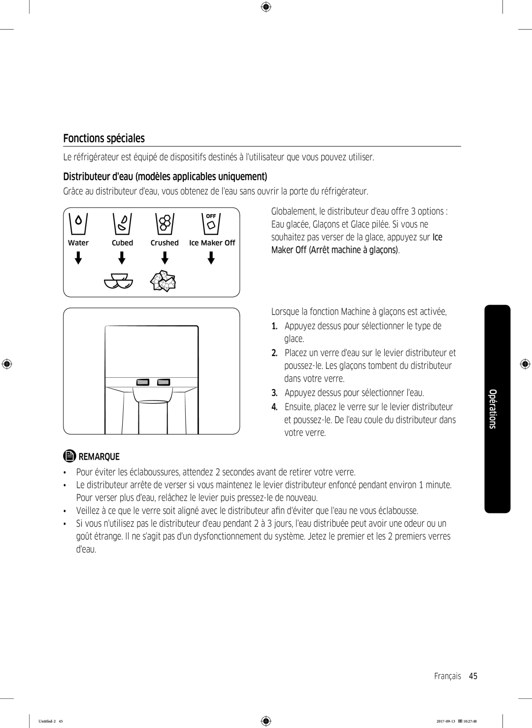 Samsung RS62K6227SL/ZA manual Fonctions spéciales, Distributeur deau modèles applicables uniquement 