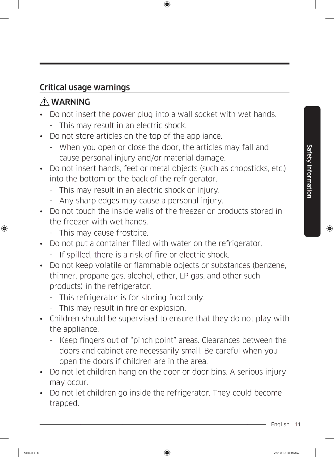 Samsung RS62K6227SL/ZA manual Critical usage warnings 