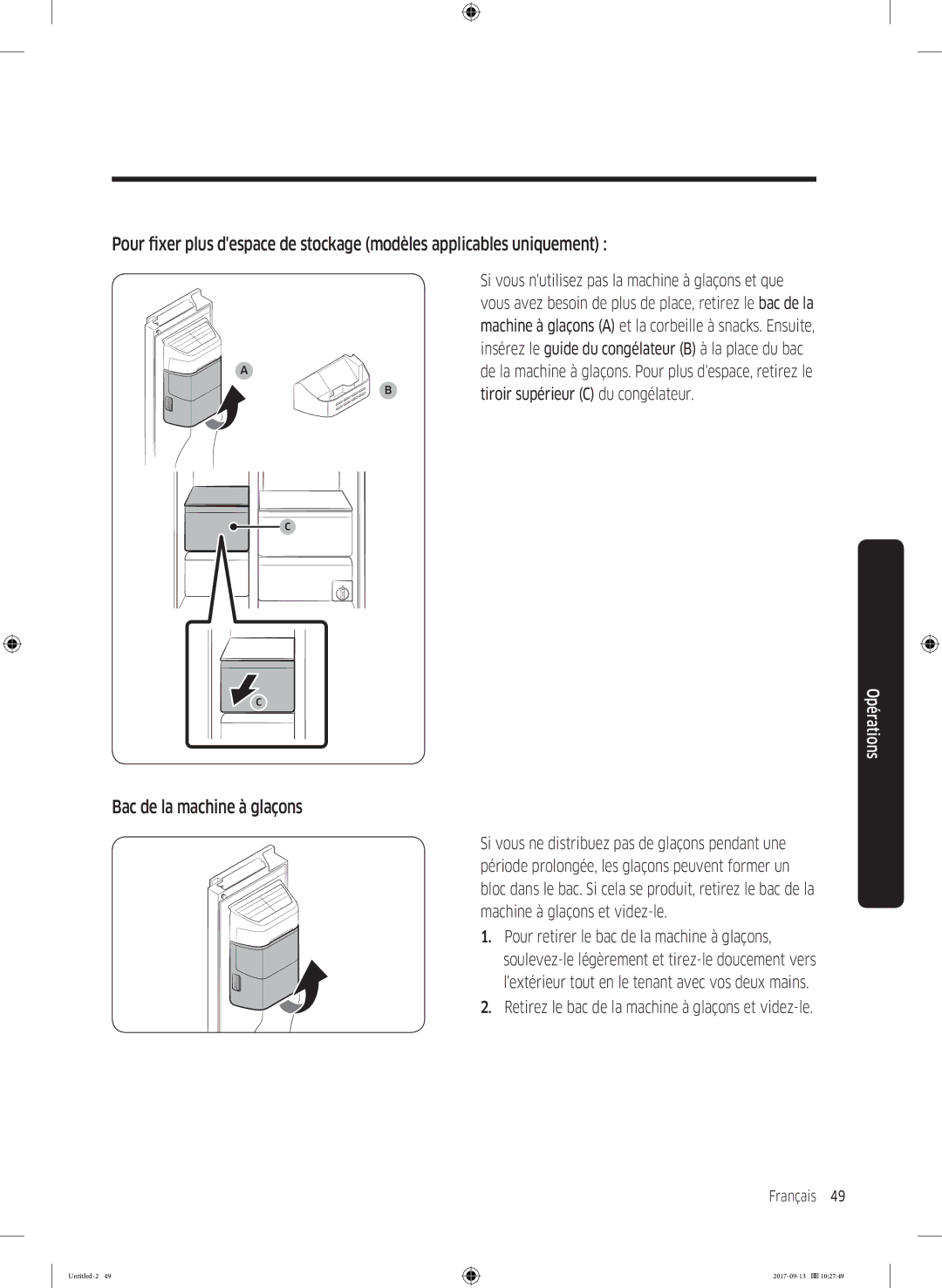 Samsung RS62K6227SL/ZA manual Bac de la machine à glaçons, Tiroir supérieur C du congélateur 