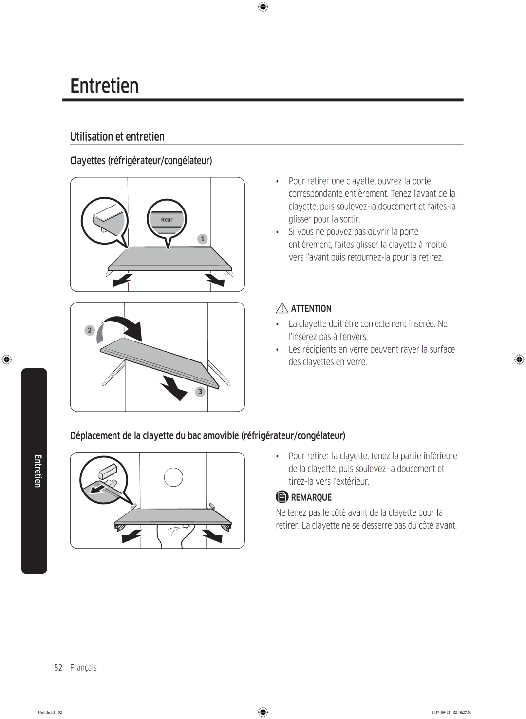 Samsung RS62K6227SL/ZA manual Utilisation et entretien, Clayettes réfrigérateur/congélateur 