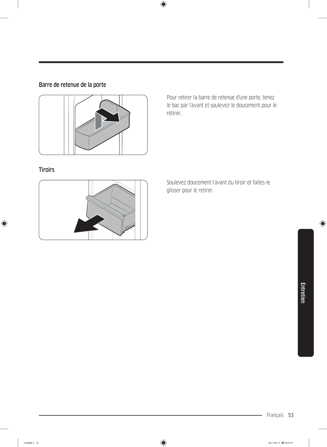 Samsung RS62K6227SL/ZA manual Barre de retenue de la porte, Tiroirs 