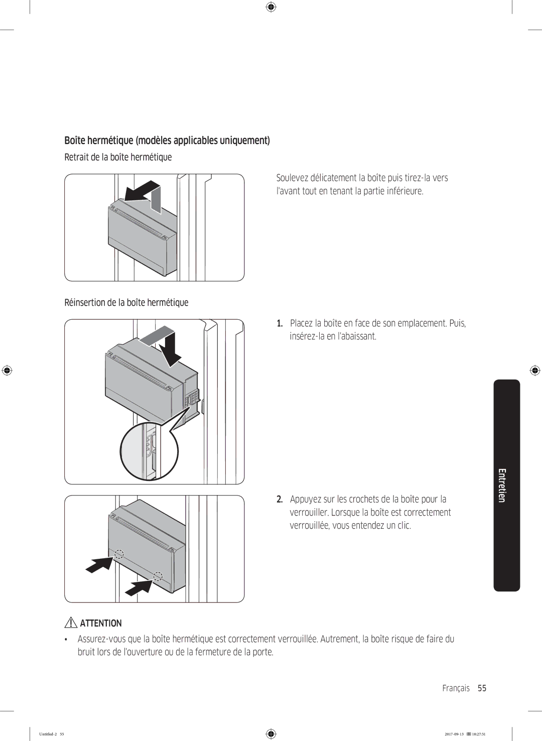 Samsung RS62K6227SL/ZA manual Boîte hermétique modèles applicables uniquement, Retrait de la boîte hermétique 