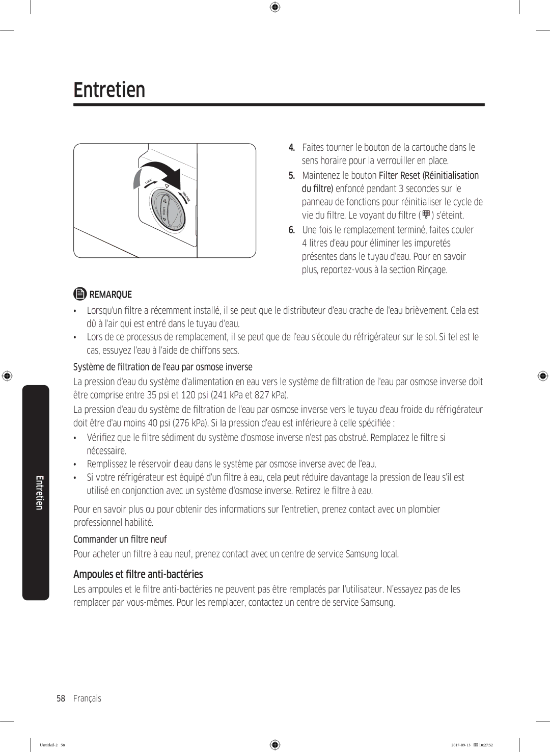 Samsung RS62K6227SL/ZA manual Ampoules et filtre anti-bactéries, Une fois le remplacement terminé, faites couler 