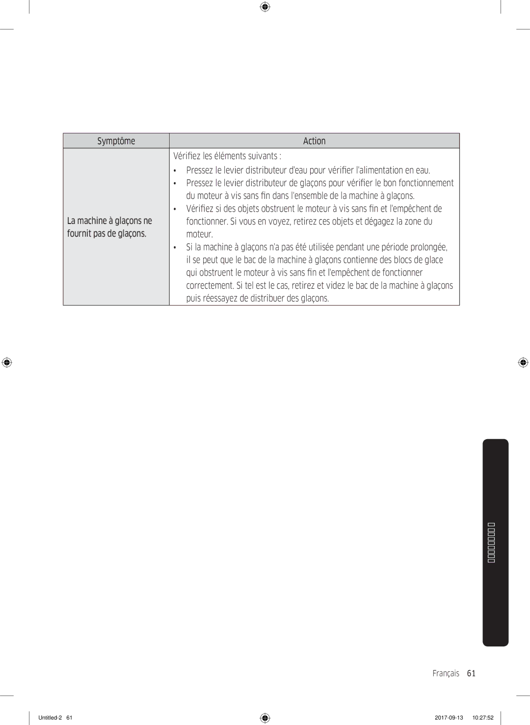 Samsung RS62K6227SL/ZA manual Symptôme, Vérifiez les éléments suivants, Glaçons, Fournit pas de glaçons Moteur 