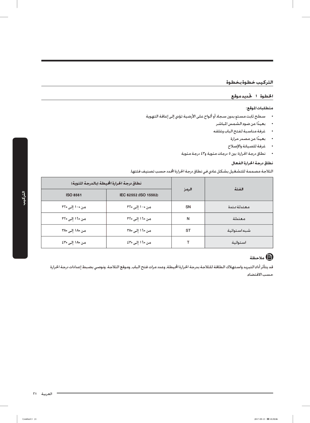 Samsung RS62K6227SL/ZA manual ﻊﻗﻮﳌاتﺎﺒﻠﻄﺘﻣ, لﺎﻌﻔﻟا ةراﺮﳊا ﺔﺟرد قﺎﻄﻧ, ﺔﻳﻮﺌﳌا ﺔﺟرﺪﻟﺎﺑ ﺔﻄﻴﶈا ةراﺮﳊا ﺔﺟرد قﺎﻄﻧ ﺰﻣﺮﻟا ﺔﺌﻔﻟا 