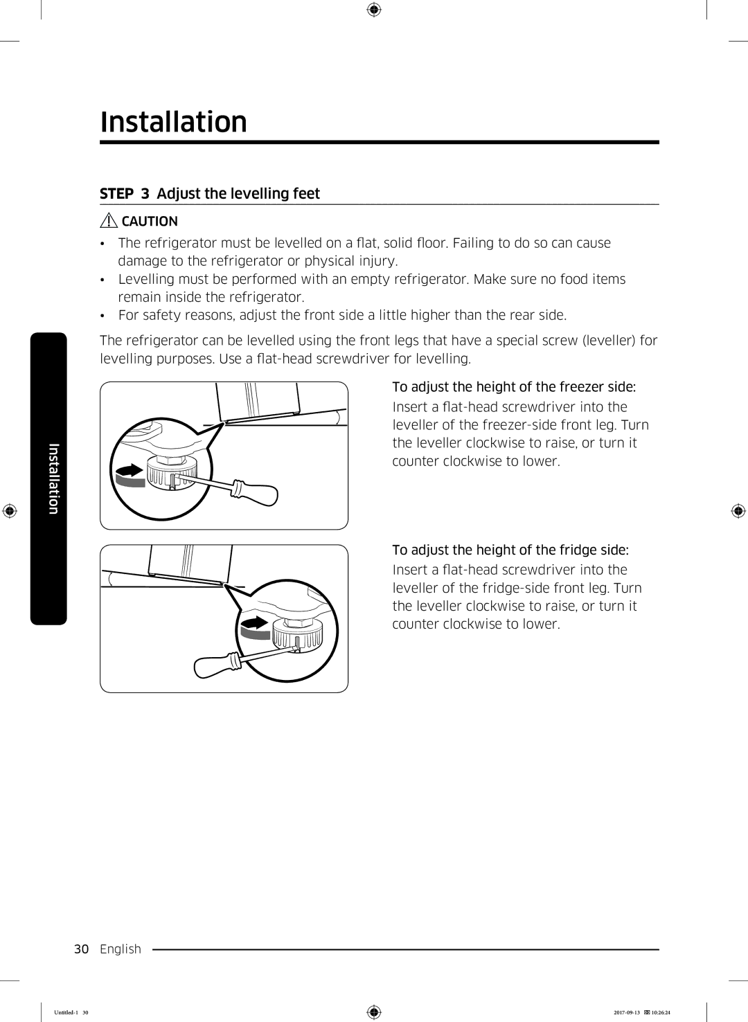 Samsung RS62K6227SL/ZA manual Adjust the levelling feet 