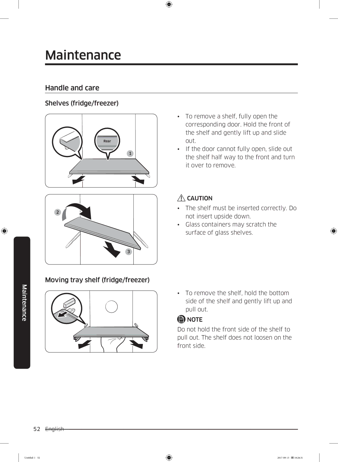 Samsung RS62K6227SL/ZA manual Handle and care, Shelves fridge/freezer, Moving tray shelf fridge/freezer 