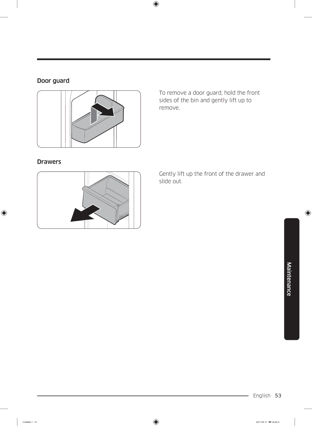 Samsung RS62K6227SL/ZA manual Door guard, Drawers, Gently lift up the front of the drawer and slide out 