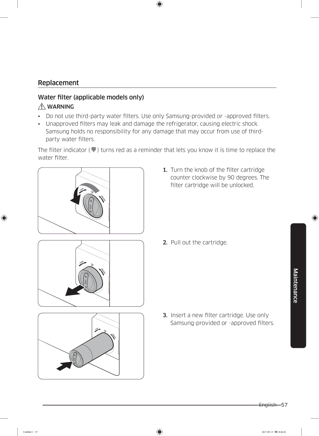 Samsung RS62K6227SL/ZA manual Replacement, Water filter applicable models only 