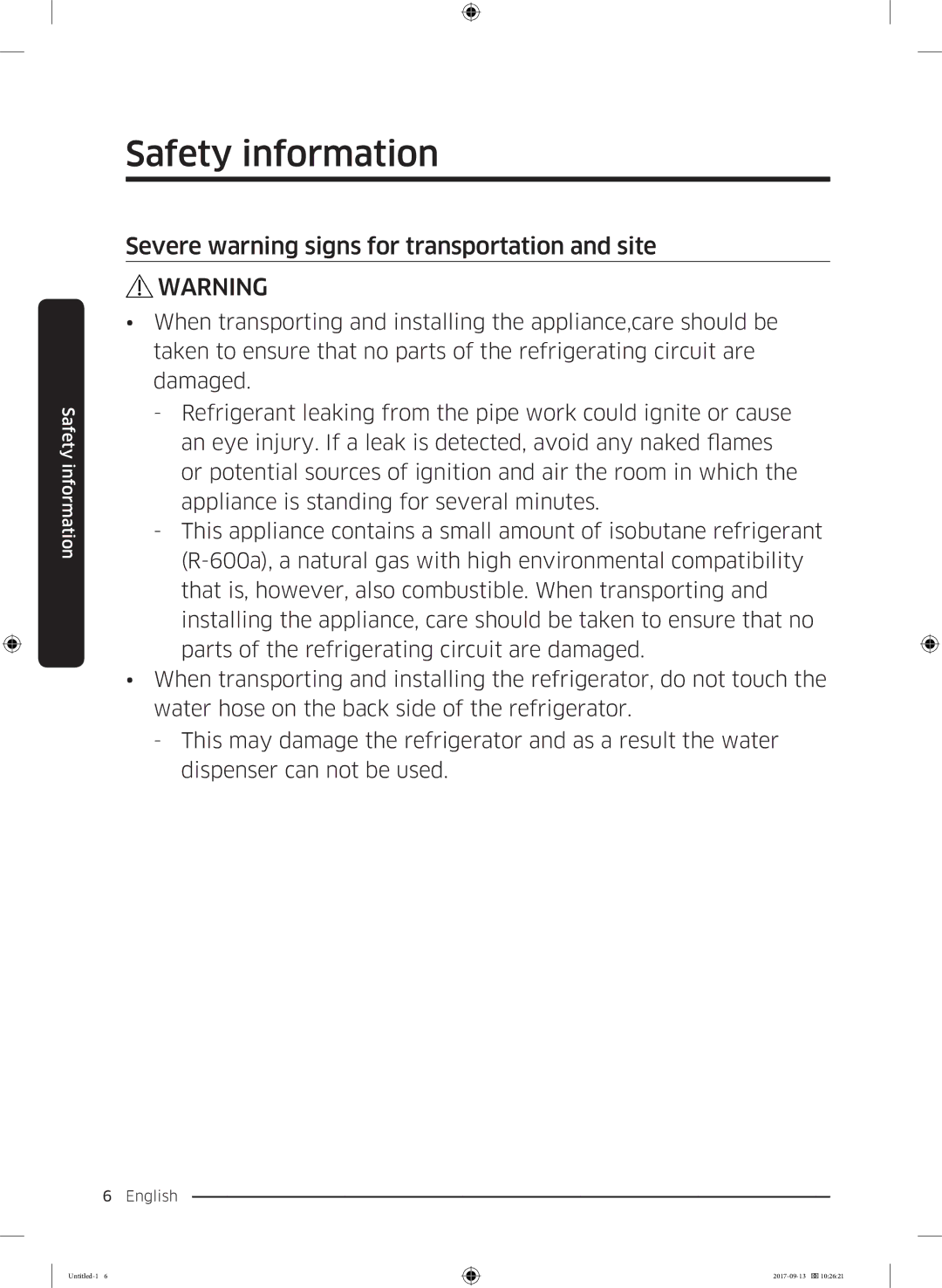 Samsung RS62K6227SL/ZA manual Severe warning signs for transportation and site 